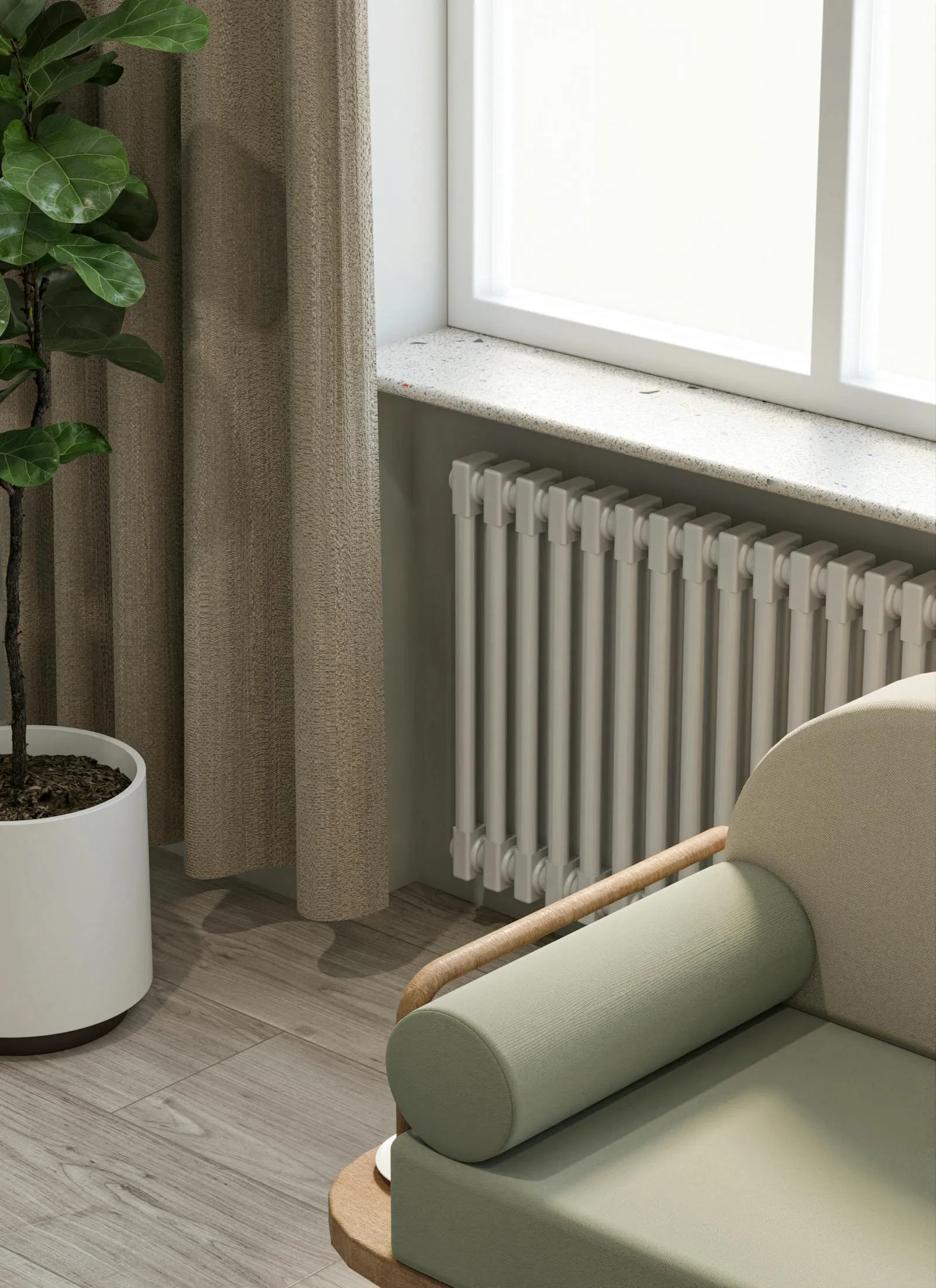 A column radiator under a sash window in a Cambridge living room — radiator size sets the water temperature, which sets the running cost.